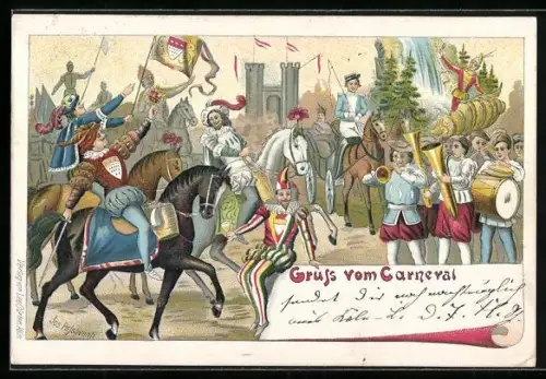 Künstler-Lithographie Kostümierte Leute auf einem Faschingszug