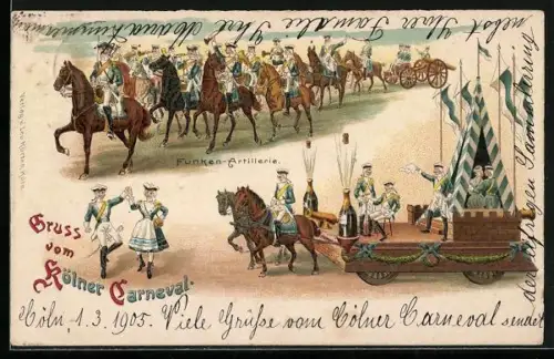 Lithographie Kölner Carneval, Funken-Artillerie, Festwagen mit knallenden Korken, tanzendes Paar