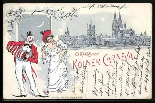 Lithographie Köln, Kostümiertes Pärchen mit Ziehharmonika, Totalansicht im Mondschein