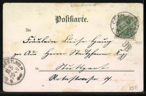 Lithographie Köln, Kostümiertes Pärchen mit Ziehharmonika, Totalansicht im Mondschein