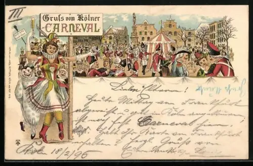 Lithographie Köln, Karnevalsgesellschaft feiert auf dem Festplatz