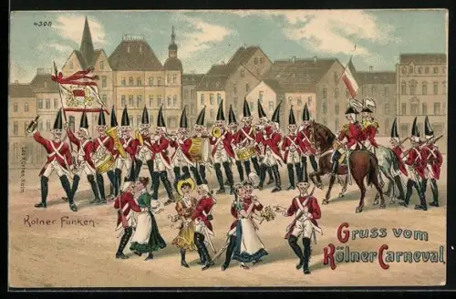 Lithographie Köln, Karnevalsug Kölner Funken auf dem Festplatz