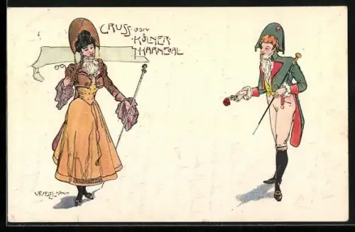 Künstler-AK Köln, Kostümierter Mann überreicht junger Dame im Kleid eine Rose, Kölner Karneval