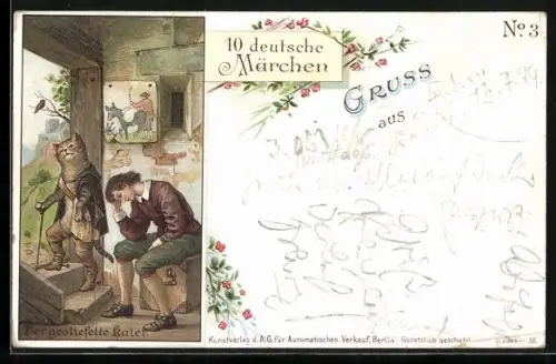 Lithographie Zehn deutsche Märchen, No. 3 Der gestiefelte Kater, Ganzsache