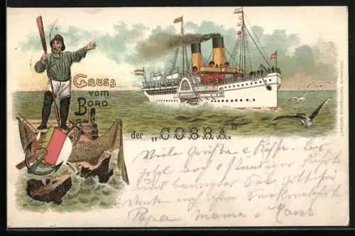 Lithographie Passagierschiff Cobra mit Möwen, Gruss vom Bord