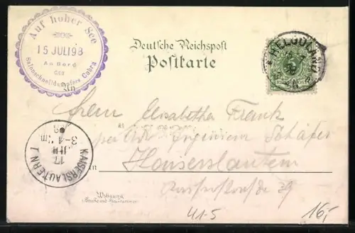 Lithographie Passagierschiff Cobra mit Möwen, Gruss vom Bord