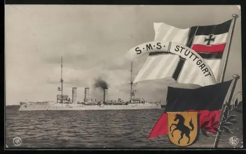 AK Kriegsschiff S.M.S. Stuttgart, Reichskriegsflagge und Wappen