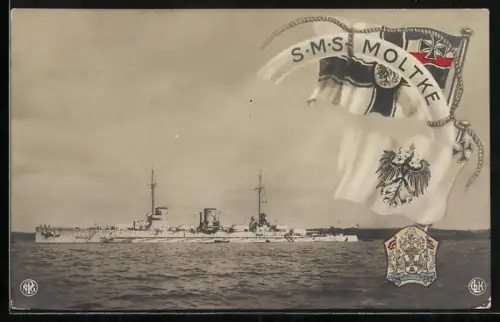 AK Kriegsschiff S.M.S. Moltke, Reichskriegsflagge und Wappen
