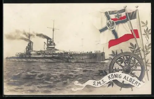 AK Kriegsschiff S.M.S. König Albert auf hoher See, Steuerrad mit Reichsflagge und Reichskriegsflagge