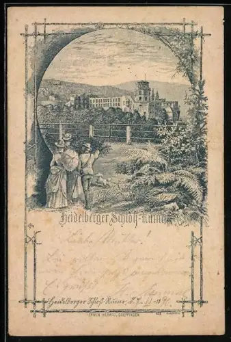 Lithographie Heidelberg / Neckar, Blick auf die Schlossruine, datiert 1890