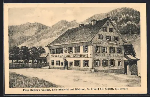 Künstler-AK Sankt Erhard, Peter Heiling`s Gasthof, Fleischhauerei und Bäckerei