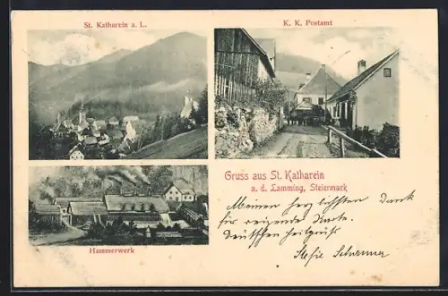 AK St. Katharein a. d. Lamming, K. K. Postamt, Hammerwerk, Ortsansicht aus der Vogelschau