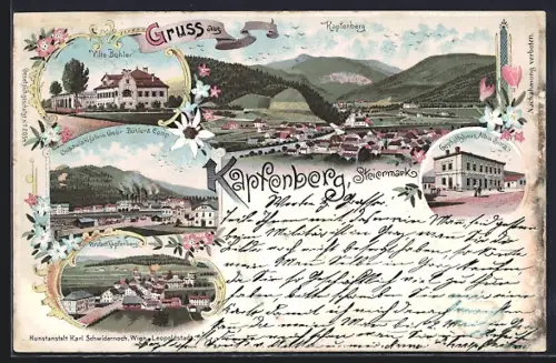 AK Kapfenberg /Steiermark, Geschäftshaus Albin Sima, Villa Böhler, Gessstahlfabrik Gebr. Böhler & Comp., Ortspanorama