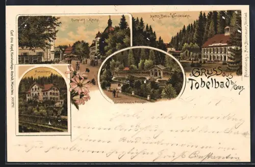 Lithographie Tobelbad, Actienhaus, Curplatz und Kirche, Kaltes Bad und Wandelbahn