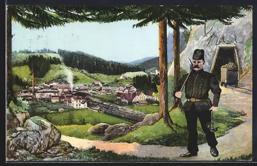 Künstler-AK Ratten /Oststeiermark, Bergbauarbeiter an der Mine, Blick über den Ort