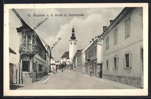 AK St. Ruprecht a. d. Raab, Strassenpartie mit Kirche und Passanten