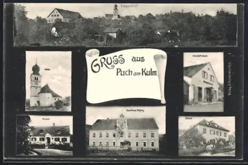 AK Puch am Kulm, Gasthaus Eitljörg, Geschäftshaus, Schule, Kirche, Postamt