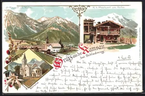 Lithographie Ramsau / Dachstein, St. Rupert, Ev. Kirche, K. k. Postamt am Kulm