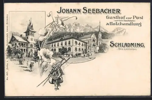 Künstler-AK Schladming i. Steiermark, Gasthof zur Post von Johann Seebacher, vormals Dachstein