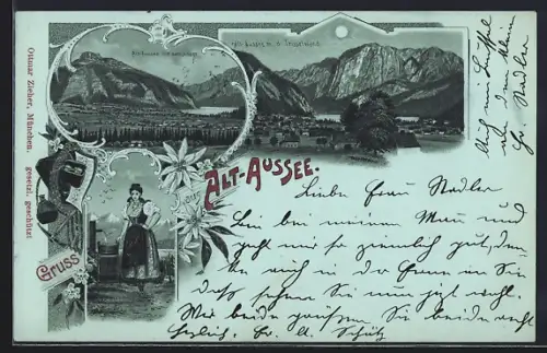 Mondschein-Lithographie Alt-Aussee, Ortsansicht mit Loser und Trisselwand, Dame in Tracht