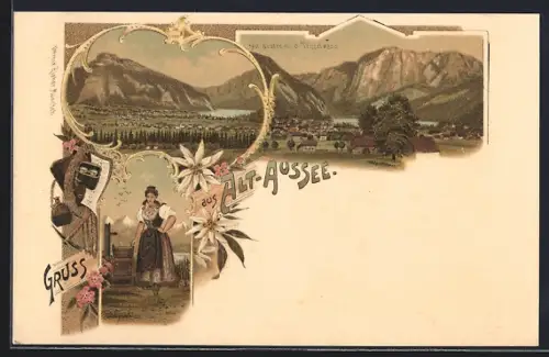 Lithographie Alt-Aussee, Ortsansicht mit Trisselwand, Dame an einem Brunnen in Tracht