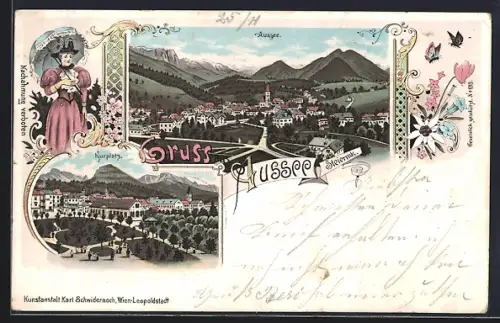 Lithographie Aussee /Steiermk., Kurplatz, Ortsansicht mit Kirche