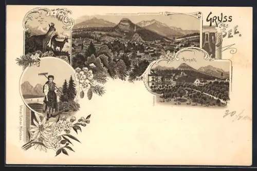 Lithographie Aussee, Gesamtansicht, Kurpark, Frau in Tracht, Gemse