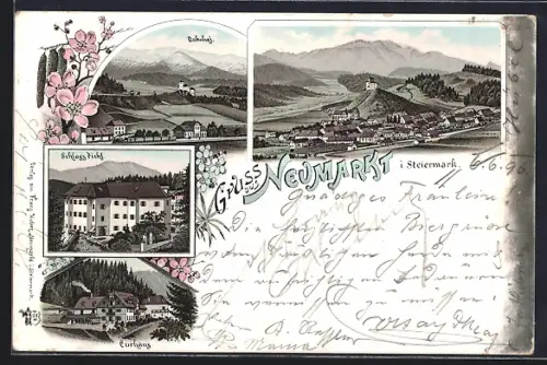 Lithographie Neumarkt i. Steiermark, Curhaus, Schloss Pichl, Bahnhof