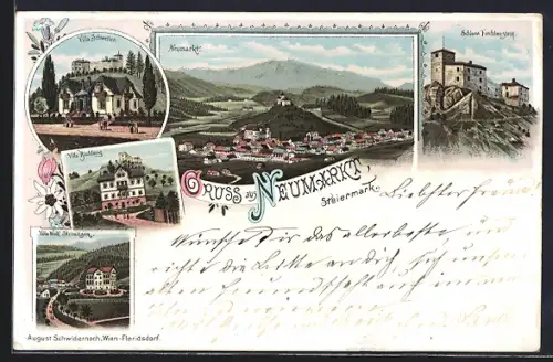 Lithographie Neumarkt /Steiermark, Villa Wolf, Villa Schwetter, Villa Buchberg, Schloss Forchtenstein