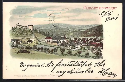 Lithographie Neumarkt, Ortsansicht mit Bergpanorama