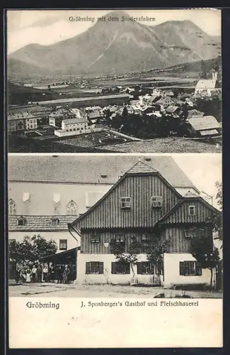 AK Gröbming, J. Sponberger`s Gasthof und Fleischhauerei, Ortsansicht mit dem Stoderzinken