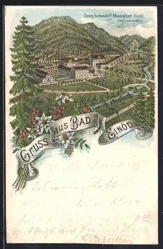 Lithographie Bad Einöd, Blick auf Georg Schmalzl`s Mineralbad Einöd