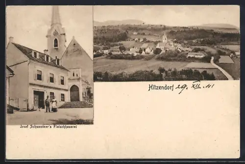 AK Hitzendorf, Josef Schweutner`s Fleischhauereri, Ortsansicht mit Kirche