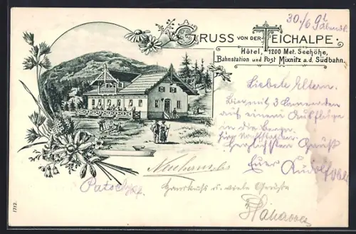 Lithographie Mixnitz, Hotel Teichalpe mit Gästen