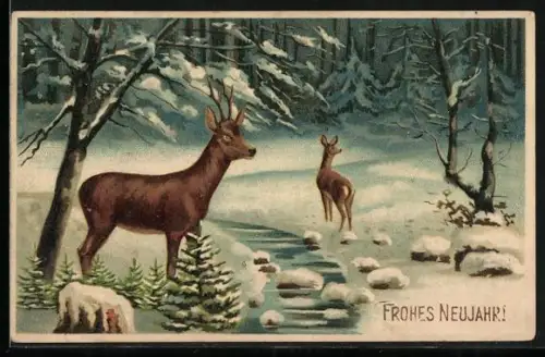 Präge-AK Rehe an einem Bach im Schnee, Neujahrsgruss