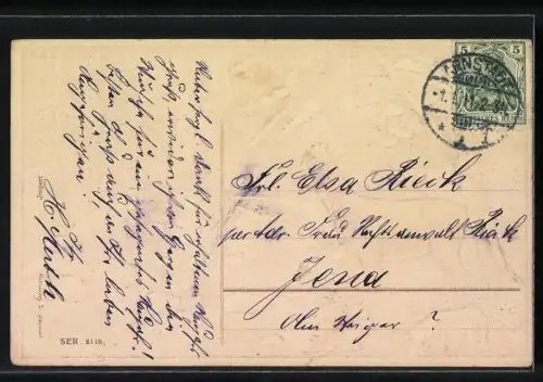 Präge-AK Rehe an einem Bach im Schnee, Neujahrsgruss