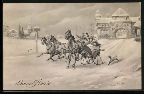 AK Pferdeschlittenfahrt vor dem Tor einer Stadt, Neujahrsgruss