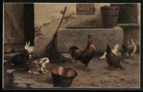 AK Hühner und Kaninchen in einem Hof
