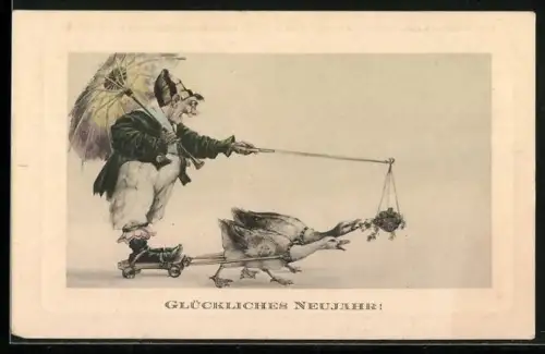 AK Witzbold mit Schirm im selbstgebastelten Gänsewagen, Neujahrsgruss