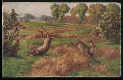 AK Jäger erschiesst Hasen auf dem Feld