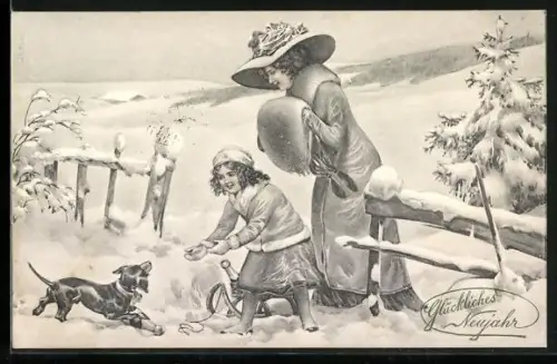 AK Dame und Mädchen spielen mit Dackel im Schnee, Neujahrsgruss