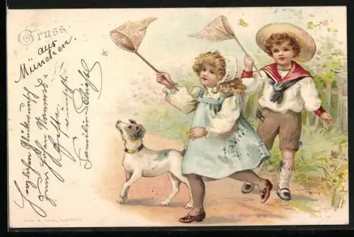 Lithographie Zwei Kinder mit Hund auf Schmetterlingsjagd