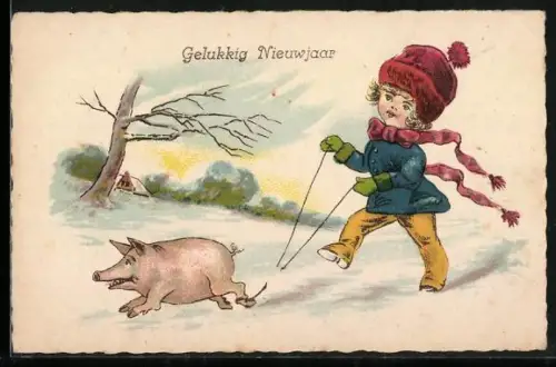 AK Kind im Schnee mit Schweinchen an der Leine, Neujahrsgruss