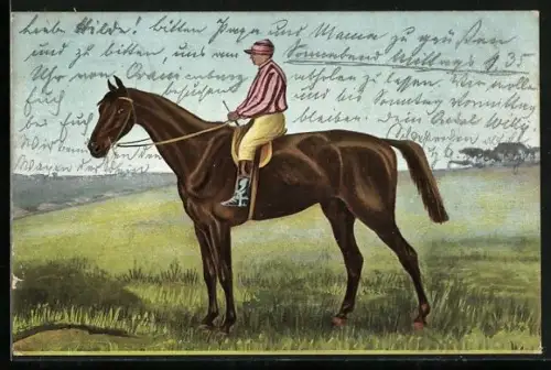 AK Jockey zu Pferde in einer Landschaft