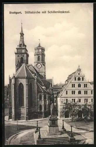 AK Stuttgart, Stiftskirche mit Schillerdenkmal