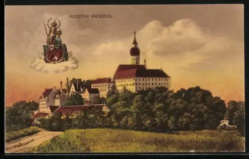 AK Andechs, Kloster und Madonna mit Kind