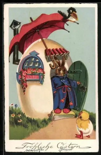 AK Osterhase öffnet seine Haustur für ein Osterküken, Fröhliche Ostern
