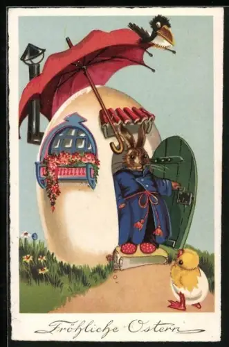 AK Osterhase begrüsst ein Osterküken vor seinem Haus, Fröhliche Ostern
