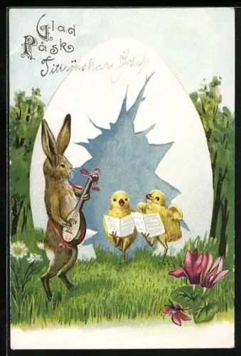 Lithographie Osterhase begleitet singende Osterküken mit Laute, Glad Pask