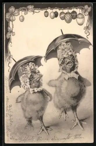 AK Zwei Osterküken mit Schirmen, Ostereier